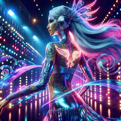The primary subject of the image is a woman with long hair, wearing a silver dress and a headpiece. She is standing in a brightly lit room, possibly a nightclub, with a pink and blue color scheme. The visual style of the image is digital art, and the dominant colors are pink, blue, and silver. The overall atmosphere of the image is vibrant and lively.